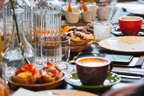 Breakfast table in a restaurant.