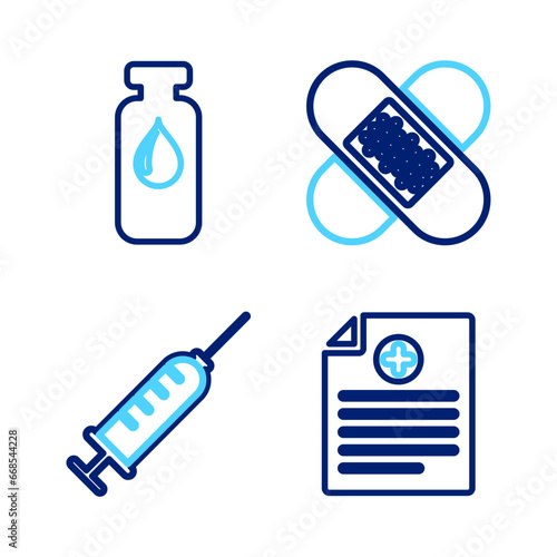 Set line Clinical record, Syringe, Crossed bandage plaster and Medical vial, ampoule icon. Vector