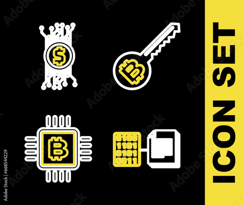 Set line Cryptocurrency key, Smart contract, CPU mining farm and bitcoin circuit icon. Vector