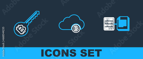 Set line Smart contract, Cryptocurrency key and cloud mining icon. Vector