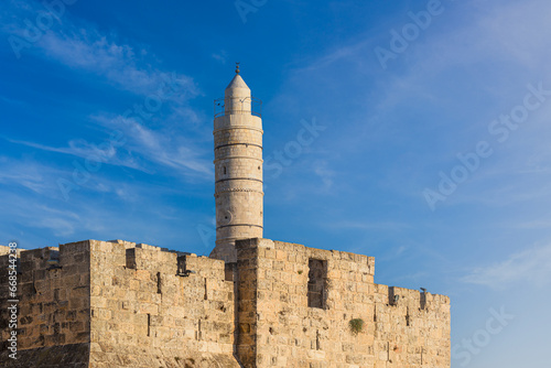 View of Tower of David citadel against the sky with copy space, Jerusalem, Israel photo