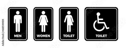 Printable Restroom Sign with Men, Women,Wheelchair users and Gender Neutrals. Black and White minimalist Symbol. Vector Illustration