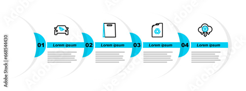 Set line Acid rain and radioactive cloud, Eco fuel canister, Shopping bag and car drive with leaf icon. Vector