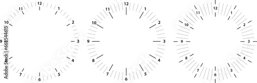 Clock face vector circle. Thermometer elegant degree or weight measuring analogue watches. Speedometer or chrono meter dot marked time scale.