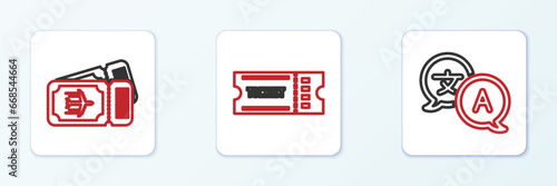 Set line Translator, Airline ticket and Ticket icon. Vector