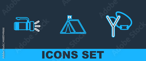 Set line Slingshot, Flashlight and Tourist tent with flag icon. Vector