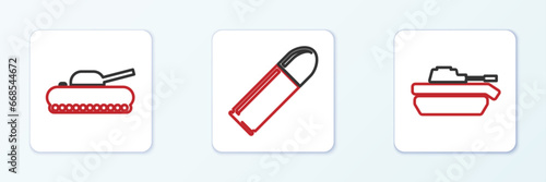 Set line Military tank, and Bullet icon. Vector
