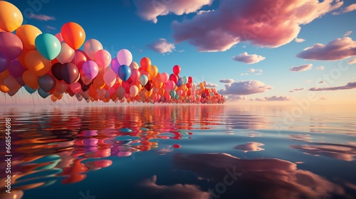 Illustration of colorful balloons flying in the blue sky over water. Clouds. Wallpaper, background.