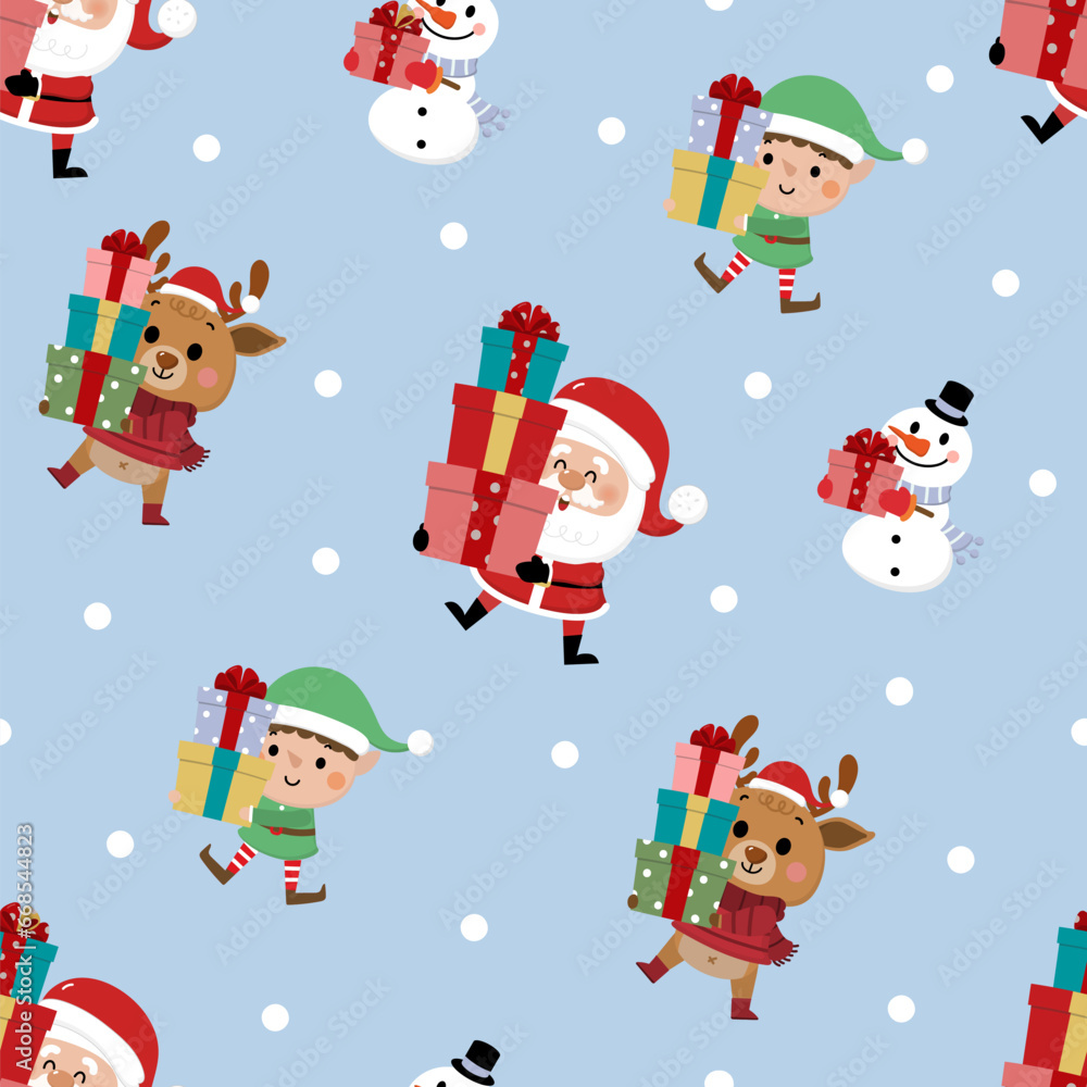 Merry Christmas greeting card background. Santa Claus, deer and snowman seamless pattern. Cute holiday cartoon character vector.