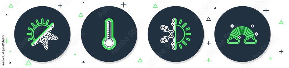 Set line Meteorology thermometer, Sun and snowflake, and Rainbow with clouds icon. Vector Set line Meteorology thermometer, Sun and snowflake, and Rainbow with clouds icon. Vector