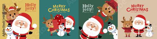 Merry Christmas and happy new year with Santa Claus, snowman and deer. Holiday cartoon character in winter season. -Vector © Dusida