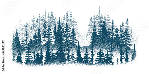 The forest in the fog, imitation of a pencil drawing, vector sketch, isolated on a white background