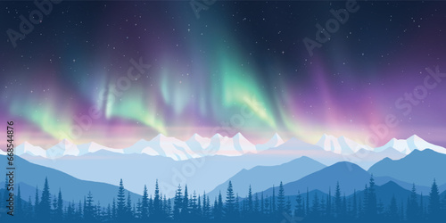 Winter landscape with polar lights, night starry sky, mountain landscape, vector illustration	