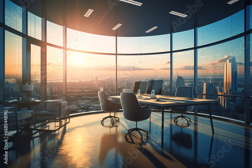 Glass wall of modern office building with city view and sunlight. 3D Rendering. Modern office interior with laptop and city view. Double exposure, toned. office with panoramic window