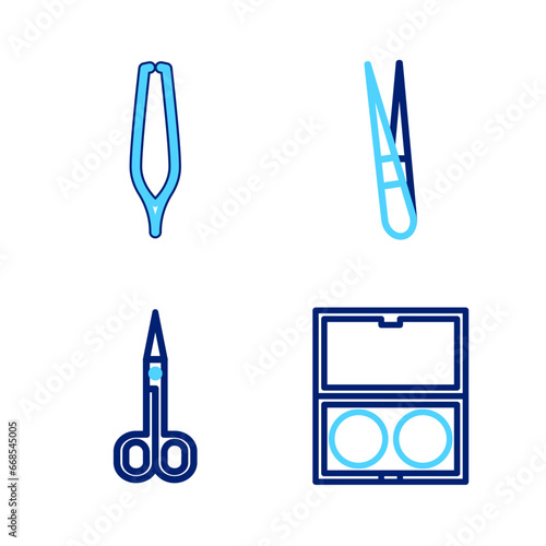 Set line Makeup powder with mirror, Scissors, Eyebrow tweezers and icon. Vector
