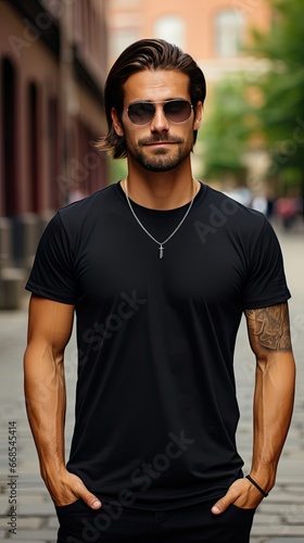 Hispanic young man wearing a black casual t-shirt. Side view, behind and front view of a mock up template for a t-shirt design print. Mockup template design. Generative AI