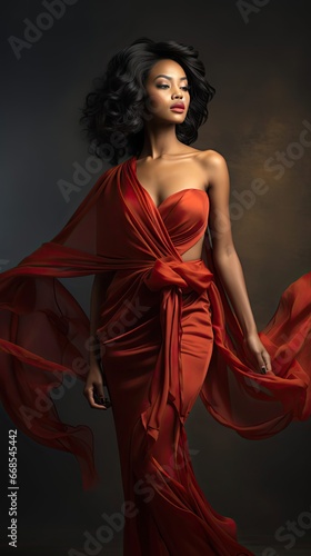 Fashion african woman in silk dress dancing. Dark skinned model with black afro hair in long evening red gown with tail fabric flying over gray background. Model illustration. Generative AI