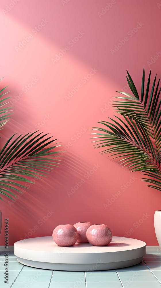 Obraz premium Natural palm leaves shadow on gradient paper background. Abstract pink and mint tropical backdrop. Background with shadow. Generative AI