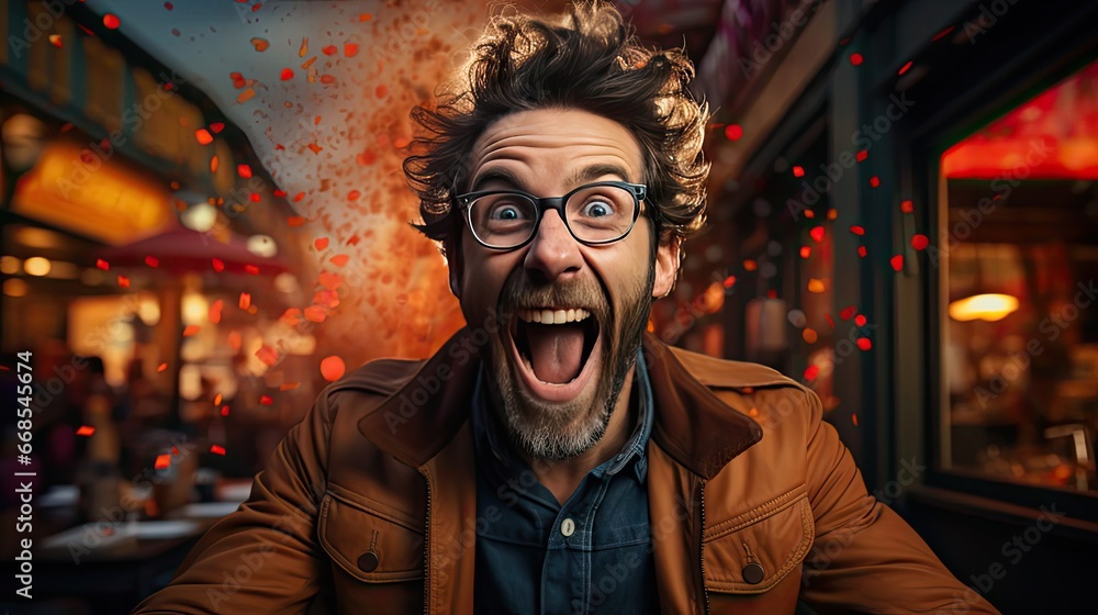 Young handsome man with beard wearing casual sweater and glasses over background very happy and excited doing winner gesture with arms raised. Man portrait illustration. Generative AI