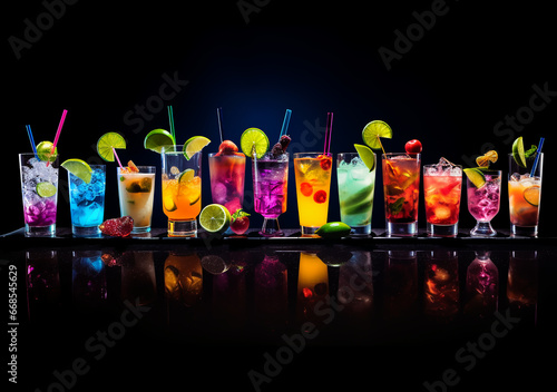 Set of colorful cocktails with splashes and drops on a black background. Cocktails collection. Variety of fresh fruit juices in glasses on a black background. Mixed fruits. Fruit smoothies in glasses