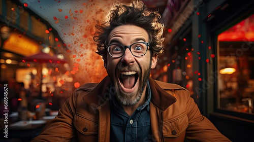 Young handsome man with beard wearing casual sweater and glasses over background very happy and excited doing winner gesture with arms raised. Man portrait illustration. Generative AI