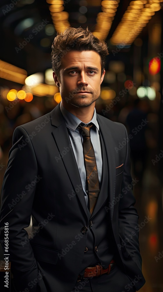 Fototapeta premium Businessman smiling with arms crossed on background. Man portrait illustration. Generative AI
