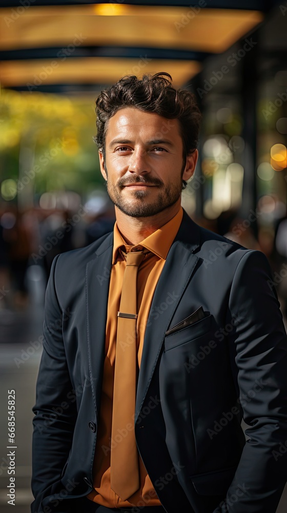 Fototapeta premium Young hispanic businessman with arms crossed smiling happy at the city. Man portrait illustration. Generative AI