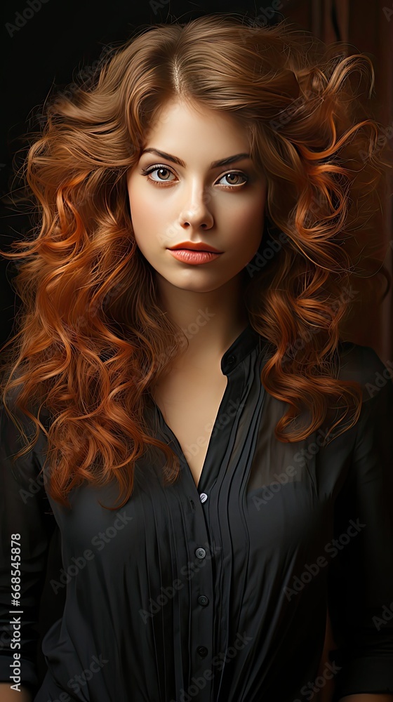 Beauty brunette girl with long shiny curly hair. Beautiful smiling woman model wavy hairstyle. Cosmetology, cosmetics and make-up. Model illustration. Generative AI