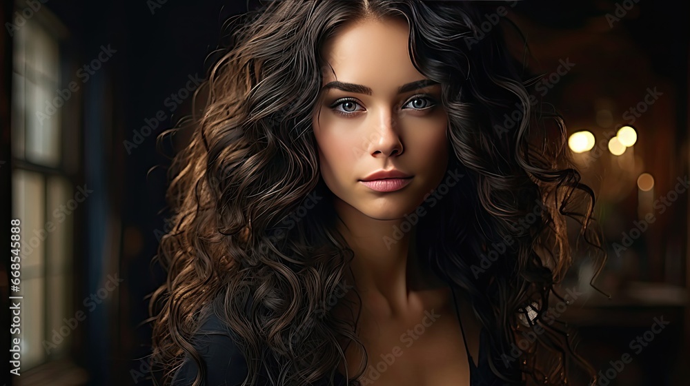Beauty brunette girl with long and shiny wavy black hair. Beautiful woman model with curly hairstyle. Model illustration. Generative AI Beauty brunette girl with long and shiny wavy black hair. Beautiful woman model with curly hairstyle. Model illustration. Generative AI