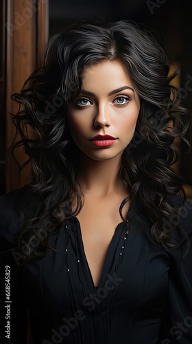 Beauty fashion portrait of young beautiful brunette girl with long black straight flying hair. Magnificent hair. Smoky eyes. Vogue style. Model illustration. Generative AI