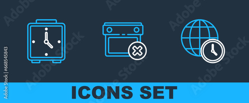 Set line World time, Alarm clock and Calendar date delete icon. Vector