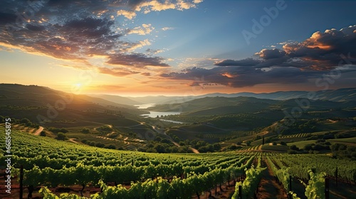 A beautiful sunset over a vineyard. Agriculture environment illustration. Generative AI