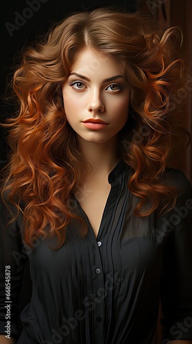 Beauty brunette girl with long shiny curly hair. Beautiful smiling woman model wavy hairstyle. Cosmetology, cosmetics and make-up. Model illustration. Generative AI