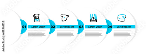 Set line Cheese, Sagrada Familia, Map of Spain and Sangria pitcher icon. Vector