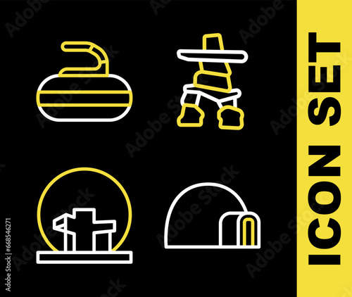 Set line Inukshuk, Igloo ice house, Montreal Biosphere and Stone for curling icon. Vector
