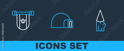 Set line Wooden log, Pennant Canada and Igloo ice house icon. Vector