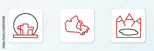Set line Canadian lake, Montreal Biosphere and Canada map icon. Vector
