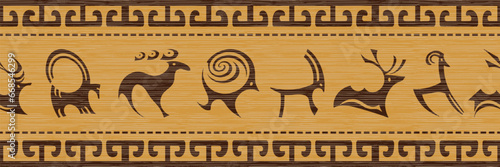 Ethnic seamless border on the theme of rock paintings, vector design, banner	