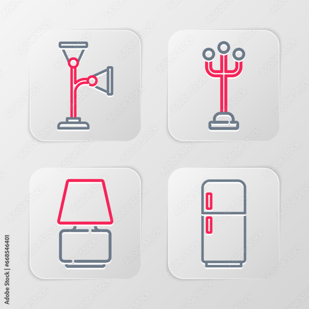 Set line Refrigerator, Table lamp, Coat stand and Floor icon. Vector Set line Refrigerator, Table lamp, Coat stand and Floor icon. Vector