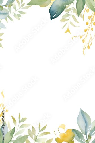 Abstract watercolor background with green eucalyptus leaves. Watercolor floral frame. flowers and leaves on white background. gold branches