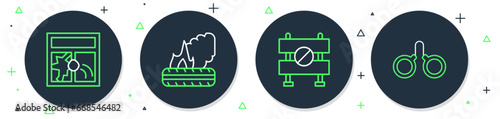 Set line Lying burning tires, Road barrier, Broken window and Handcuffs icon. Vector