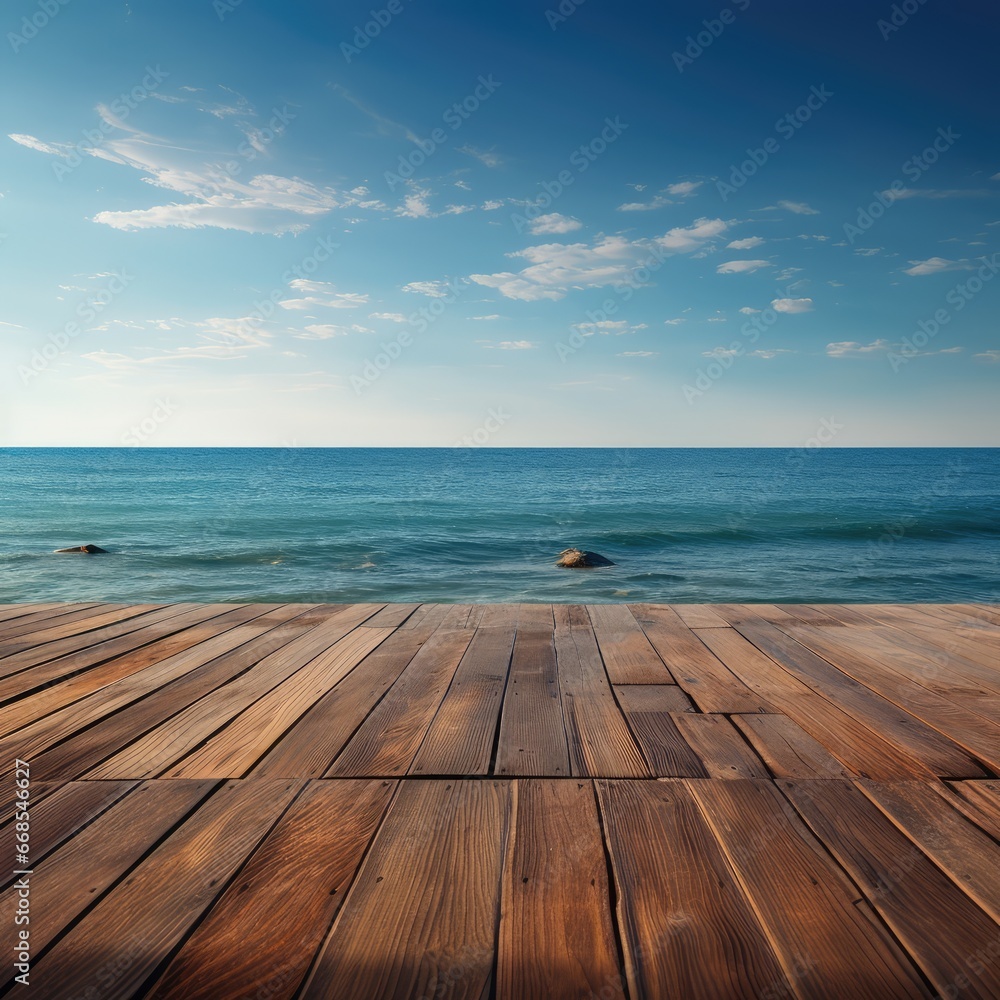 Wooden platform with the sea in the background - generative ai Wooden platform with the sea in the background - generative ai
