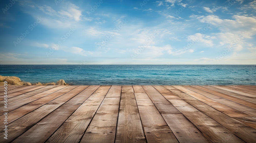 Wooden platform with the sea in the background - generative ai