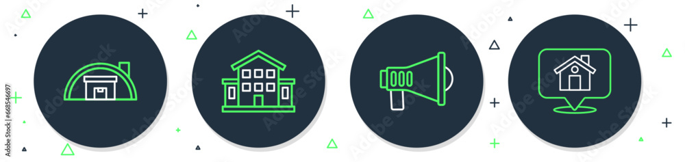 Set line House, Megaphone, Warehouse and Location with icon. Vector Set line House, Megaphone, Warehouse and Location with icon. Vector