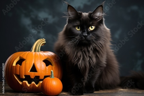 halloween black cat with pumpkin - generative ai