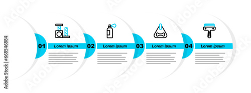 Set line Hair brush for dog and cat, Dog collar, Pet shampoo and Cat scratching post icon. Vector