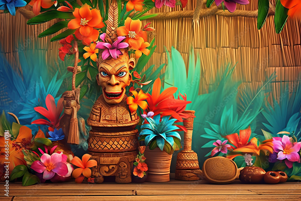Decorative background of luau hawaii theme full of wild exotic flowers  - obrazy, fototapety, plakaty 