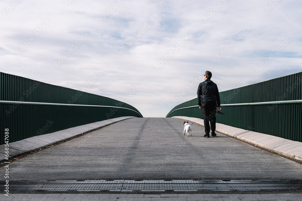 Man 45-50 years old walking his Andalusian Bodeguero Buzzard dog across a bridge. Copy space