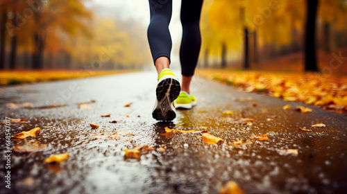 Running or Jogging outdoors in rainy autumn weather with leaves in warm colors on the ground. Low angle shot with shallow field of view. Concept of health and fitness photo