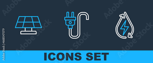 Set line Water energy, Solar panel and Electric plug icon. Vector